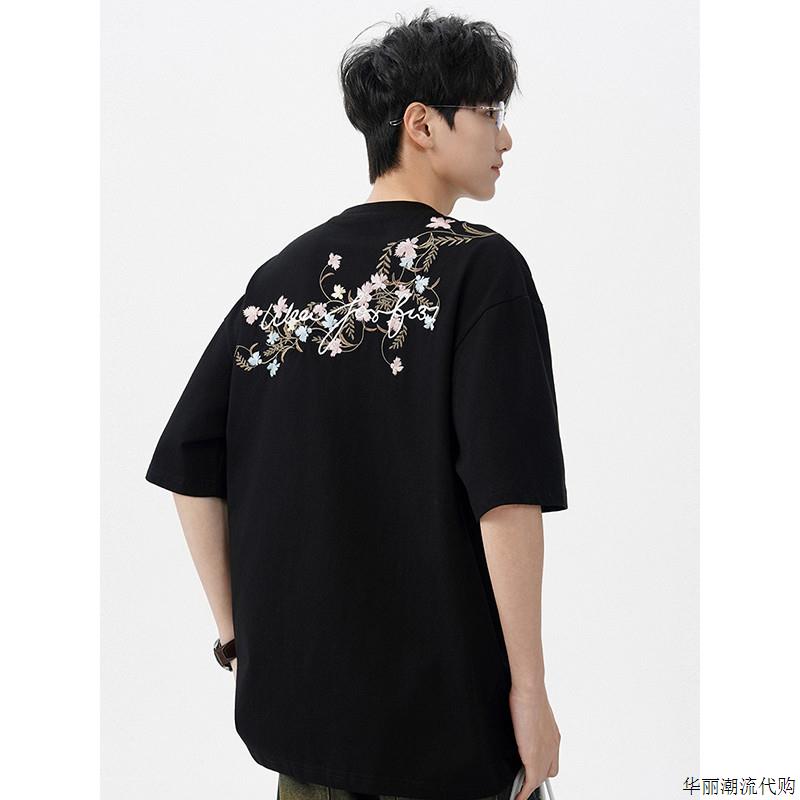 刺绣短袖T恤男款2025夏季新款美式索罗娜宽松设计感情侣半袖上衣