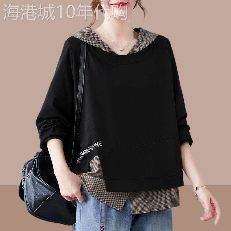 假两件连帽时尚厚T恤女2025早春宽松上衣服格子不规则拼接长袖T恤
