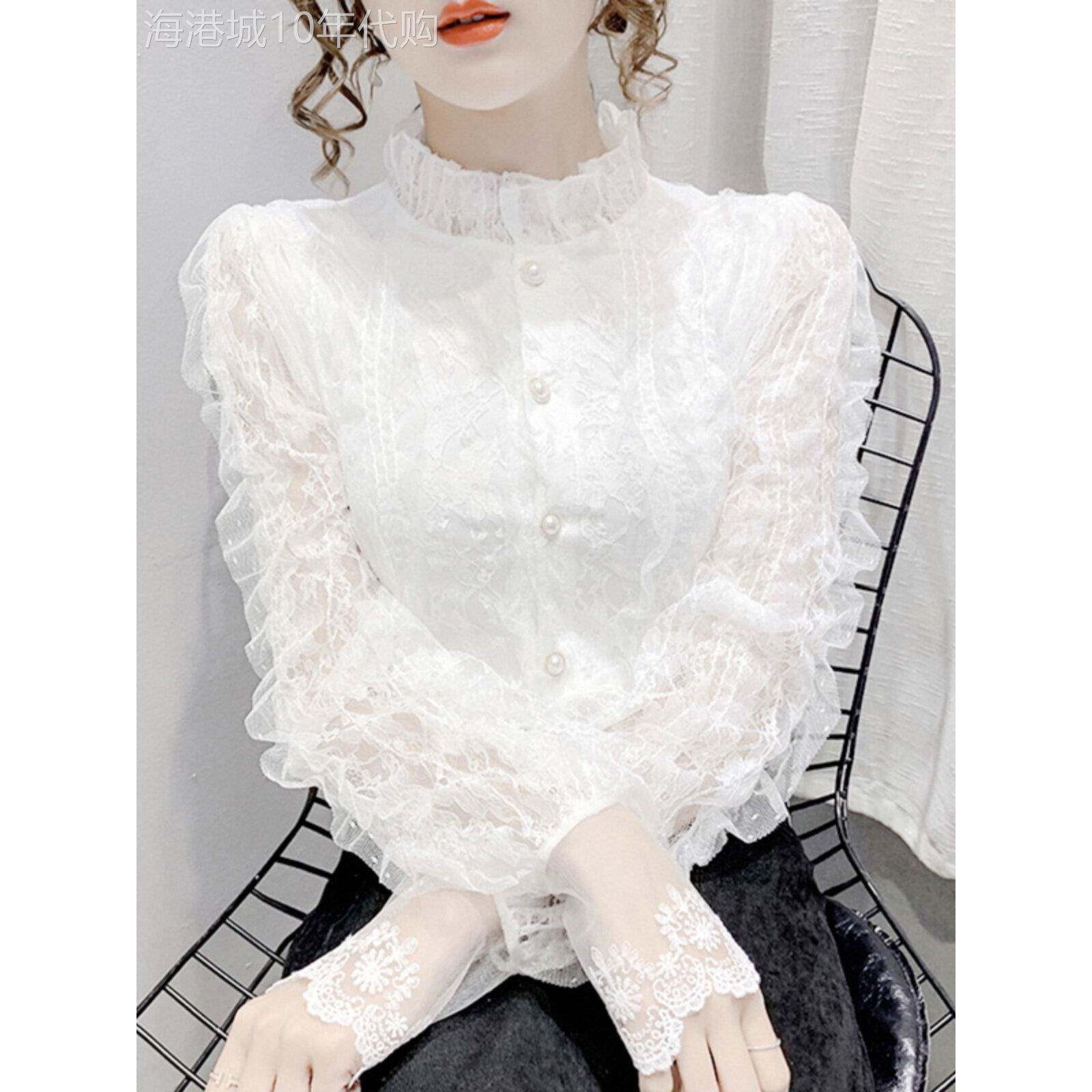 蕾丝打底衬衫女春秋冬季欧货镂空小衫内搭高级感修身立领上衣大码