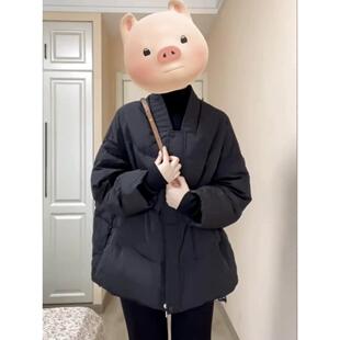 香港高级感黑色羽绒棉服女冬季大码胖mm宽松时尚洋气保暖棉衣外套