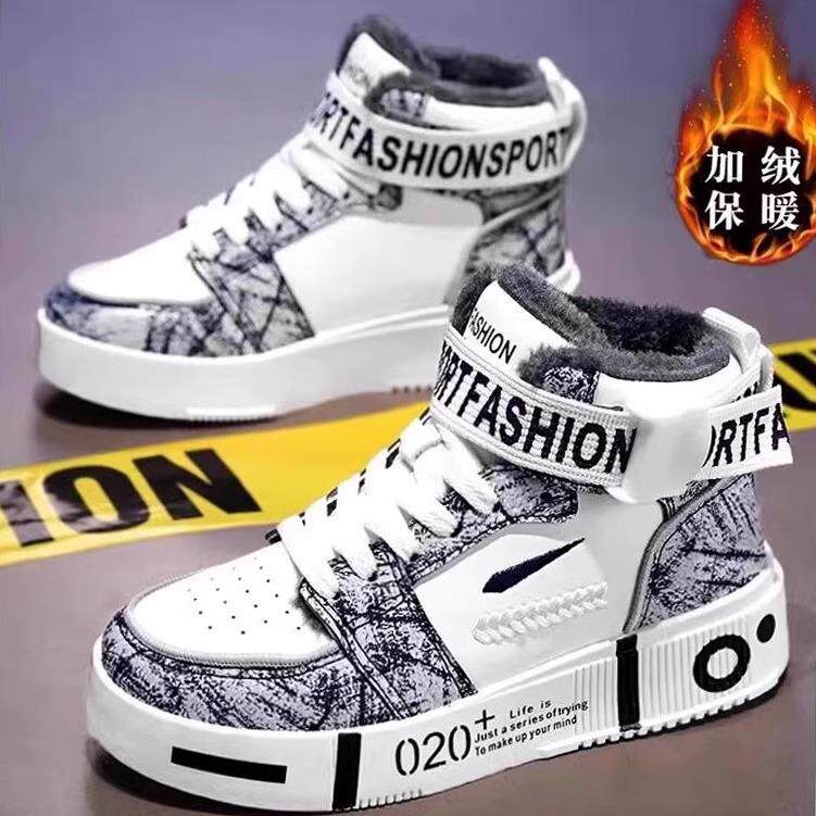 新款冬季高帮加绒男鞋加厚保暖棉鞋潮牌男款运动鞋子男士休闲板鞋