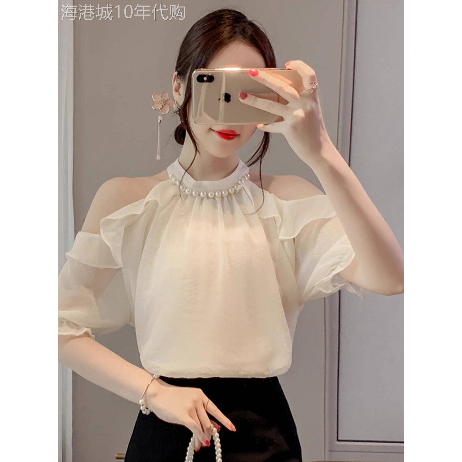 雪纺衬衫女2025新款夏季法式立领挂脖高级感轻奢减龄洋气露肩上衣