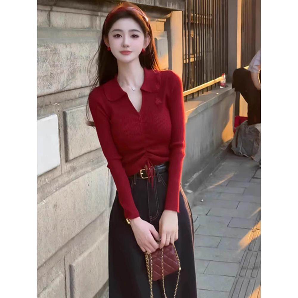 日系法式红色针织衫女短款修身长袖冬季2025新款小众高级毛衣上衣