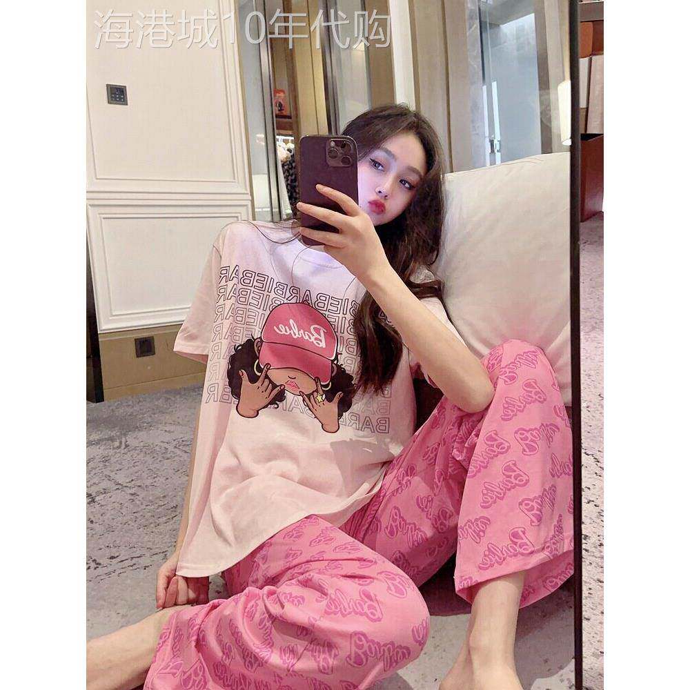 芭比粉睡衣女款夏季2025新款纯棉短袖带胸垫家居服套装可外穿春秋
