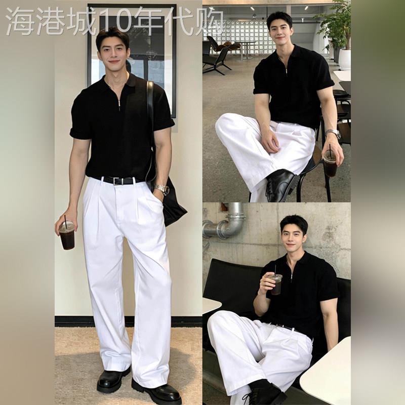 高端轻熟风男装整套韩版淡人高知穿搭半拉链POLO衫短袖长裤套装潮