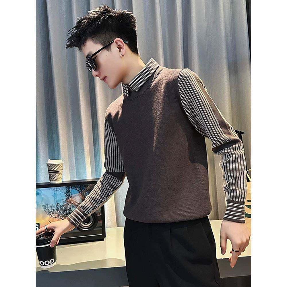 韩版长袖假两件衬衫领男士针织上衣秋季新款高级感衬衣修身打底衫