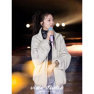 张韶涵同款灰色美式翻边立领卫衣夹克秋高街痞帅拉炼覆古上衣外套