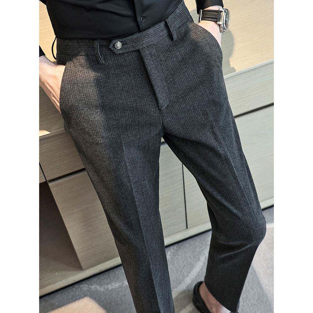 潮流英伦风厚款毛呢西裤男秋冬新款修身长裤子商务休闲小脚西装裤