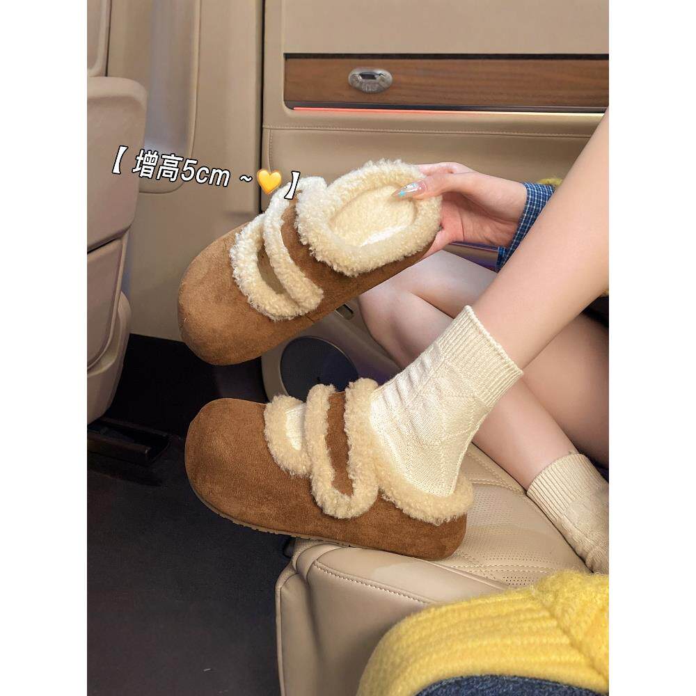 香港厚底增高保暖包头一字拖女2025秋冬新款加绒魔术贴包头棉拖鞋