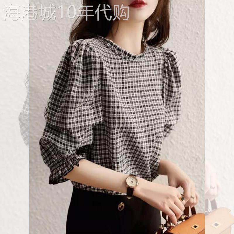 五分袖衬衫女装夏季新款宽松圆领格子衬衣气质轻奢高级感别致上衣