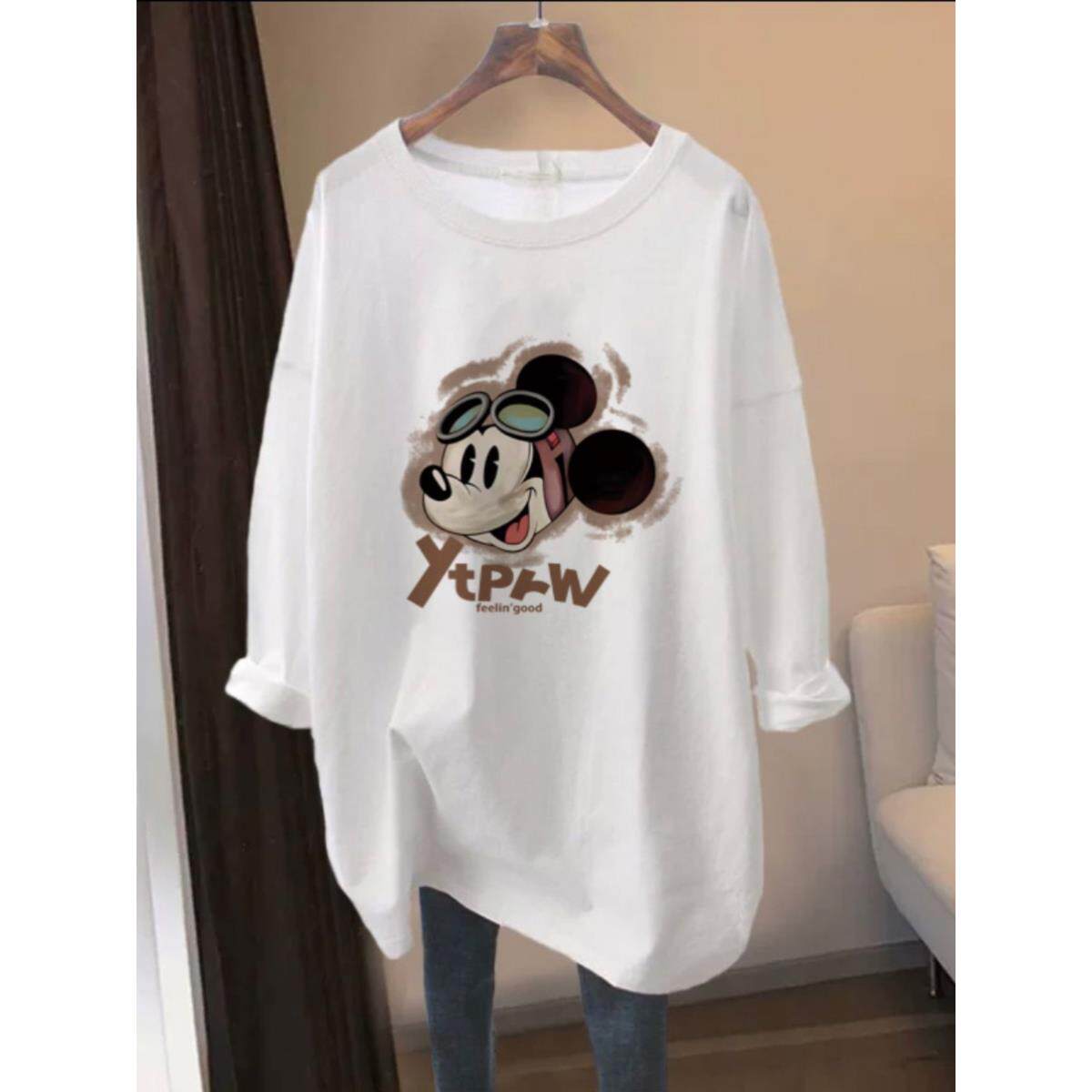 韩国遮屁股纯棉长袖t恤女2025春秋中长款宽松大码白色上衣打底衫