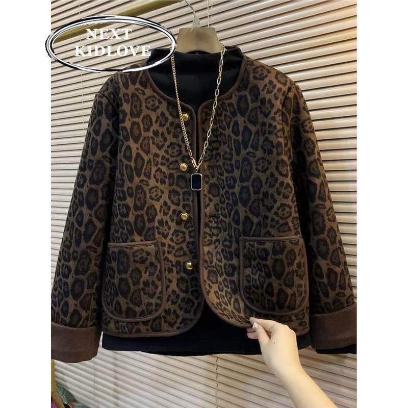 香港大码女装高级感流行款豹纹无领短外套女胖mm加绒时尚上衣冬装