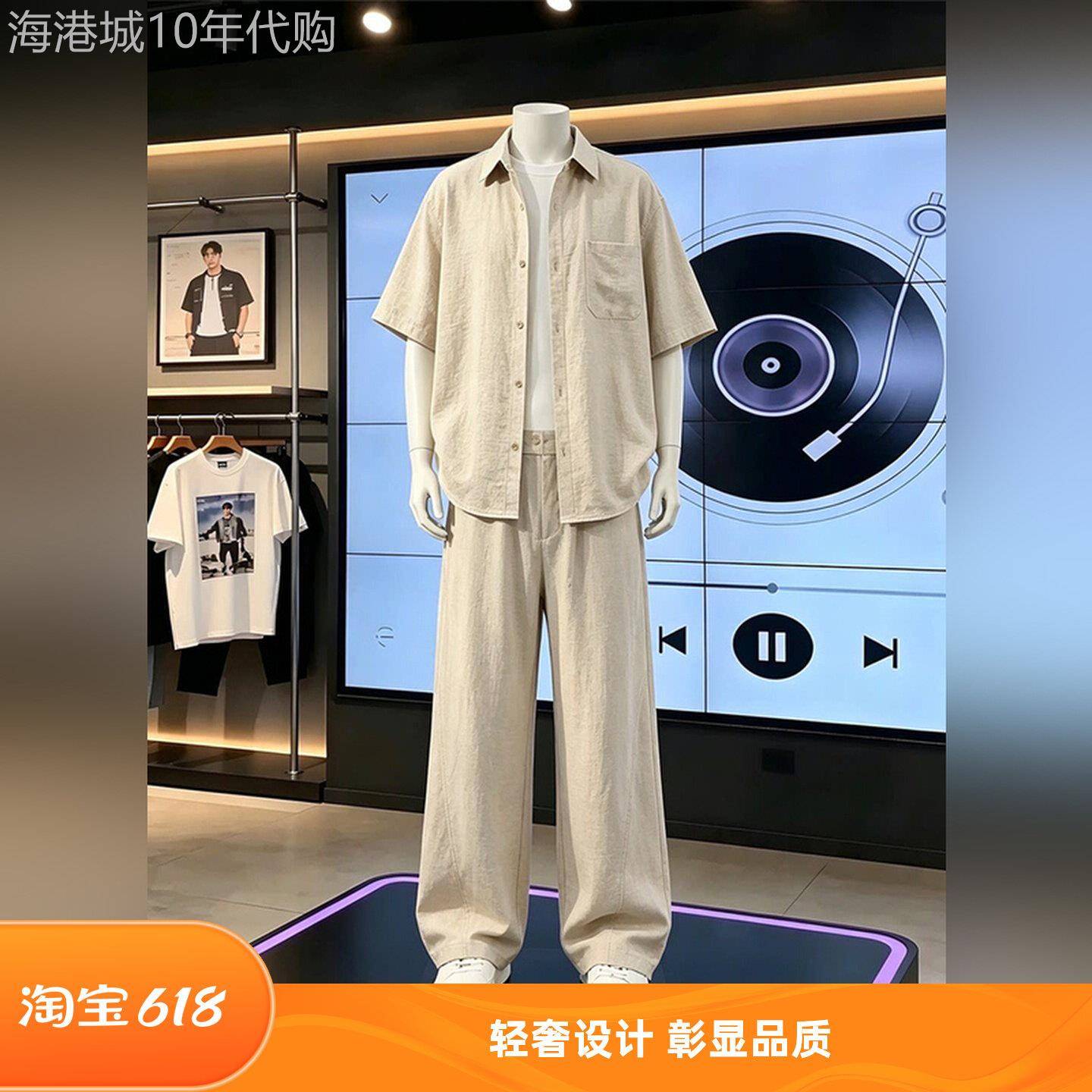 轻奢老钱风休闲套装男款夏季薄款透气度假风短袖衬衫长裤两件套潮