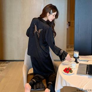 后背镂空蝴蝶黑色高级感外穿家居服 真丝睡衣女24秋丝绸长袖