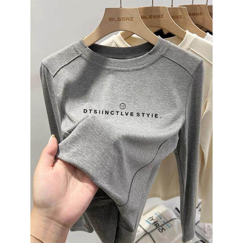 韩国正肩纯棉长袖t恤女2025秋季设计感小众时尚洋气灰色上衣潮