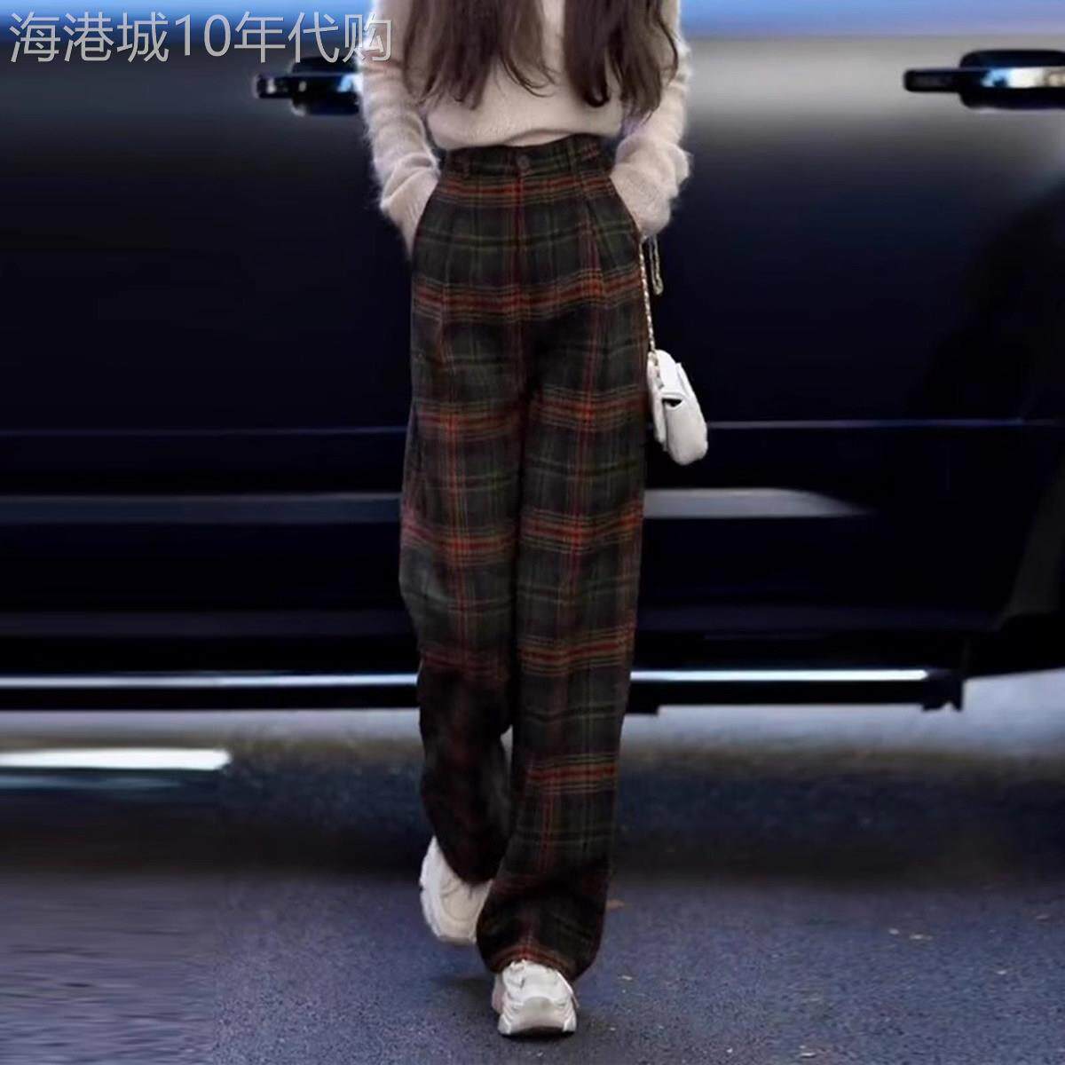 复古英伦风格子阔腿裤女春秋2025新款高腰显瘦宽松垂感直筒休闲裤
