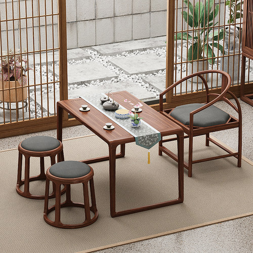 新中式阳台茶桌老榆木干泡茶台茶室禅意实木茶几小户型茶桌椅组合