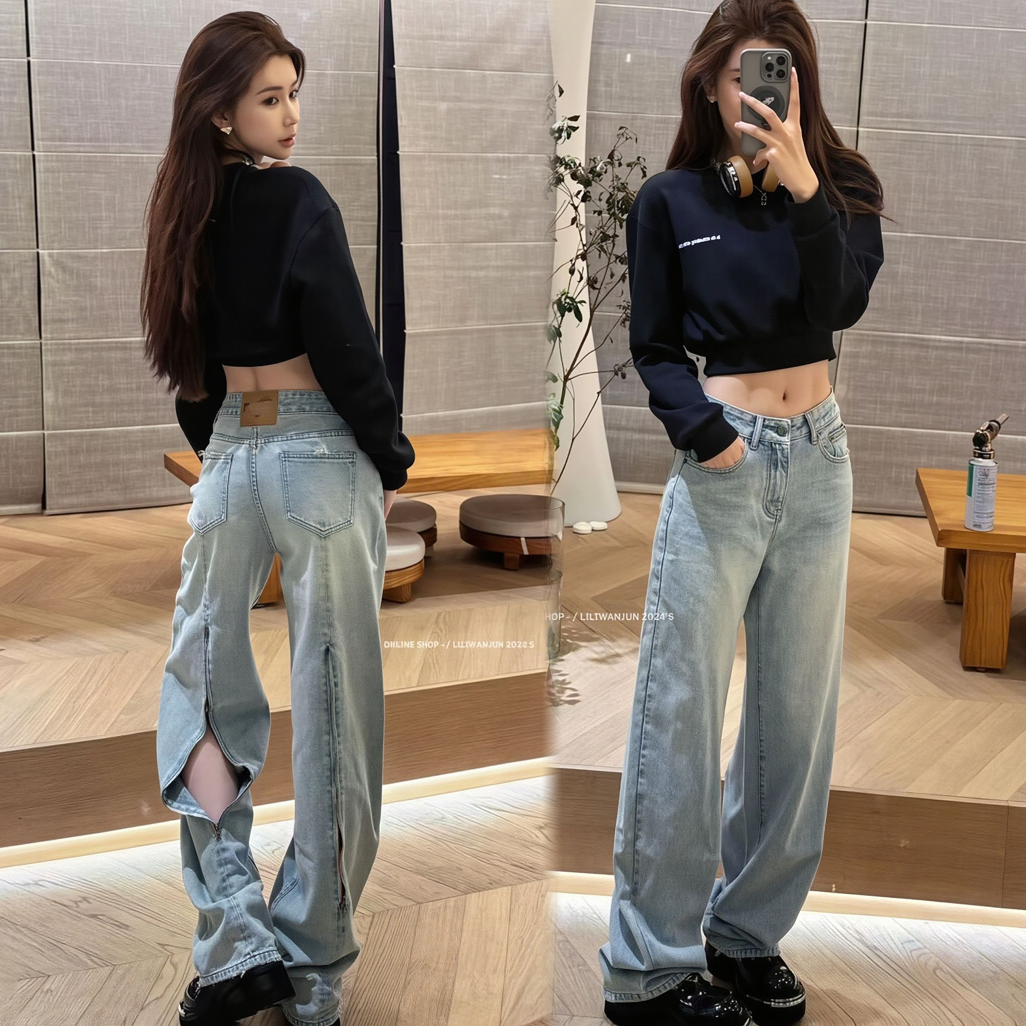 韩版后拉链高腰直筒显瘦牛仔裤女