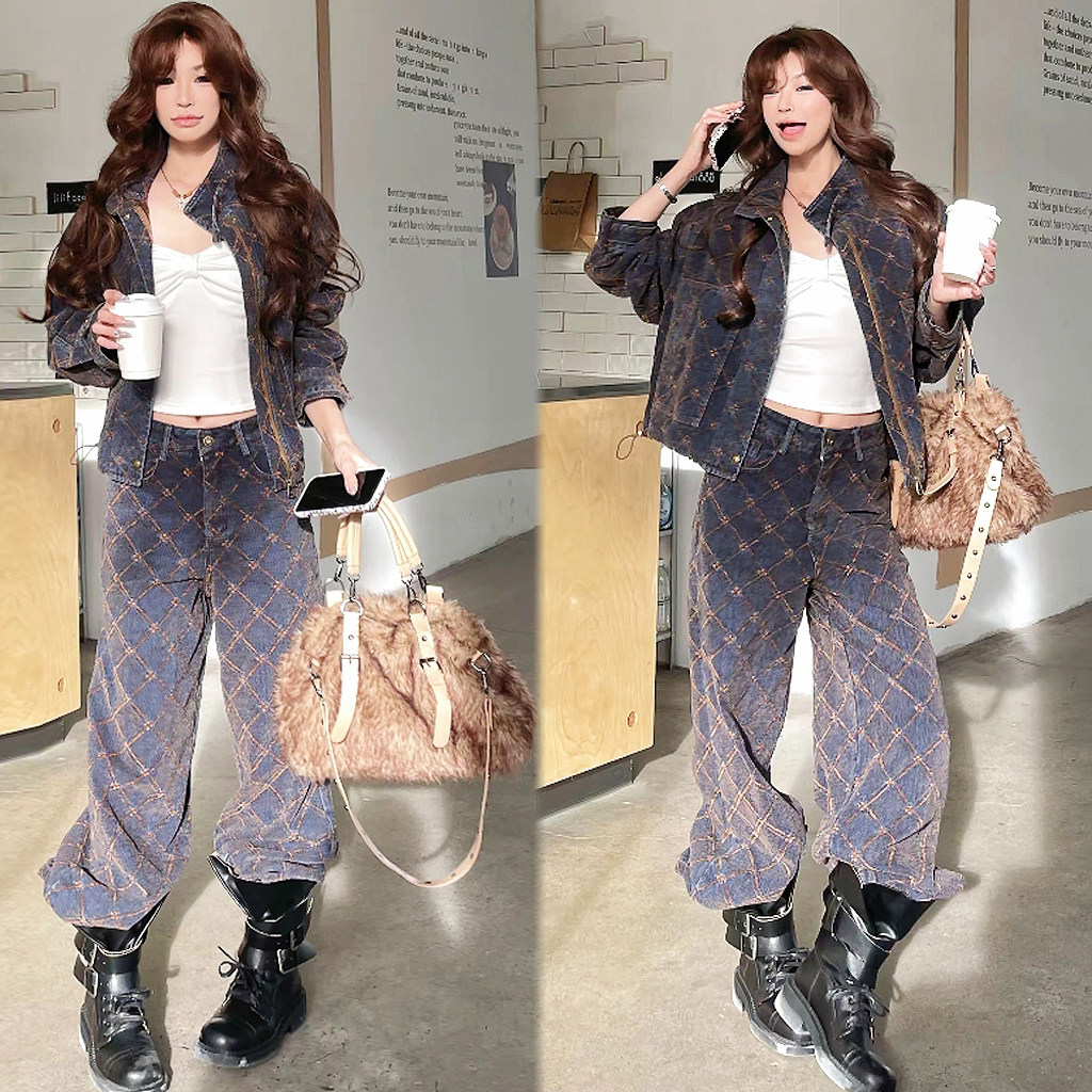 【金丝雀套装】2025秋冬款时尚牛仔提花植绒重工菱格直筒牛仔套装