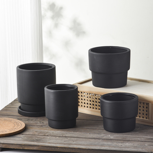 创意圆形高脚哑光黑色陶土花盆桌面盆栽蝴蝶兰透气绿植素烧陶瓷盆
