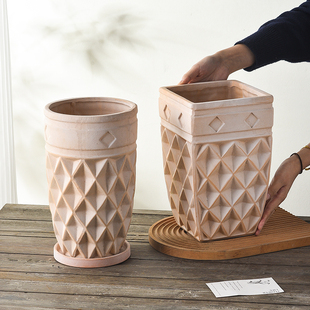 雾化白瘦高款浮雕复古做旧透气陶土花盆 阳台简约ins风庭院造型盆