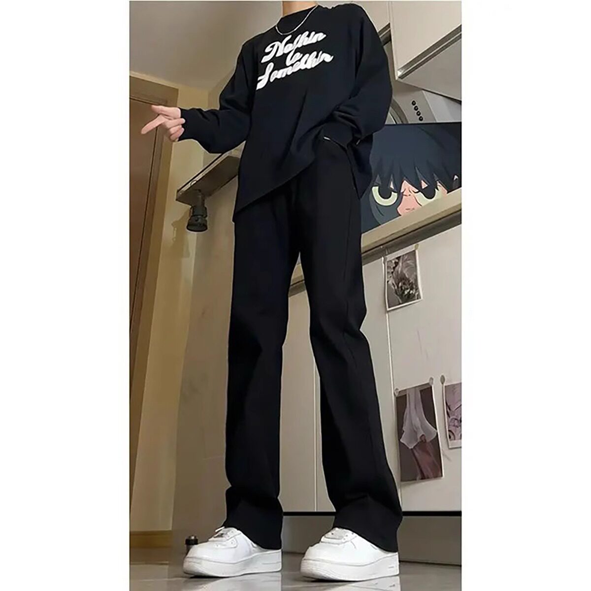 黑灰色弯刀牛仔裤男春秋修身显瘦柳叶裤子美式高街提档直筒微喇裤