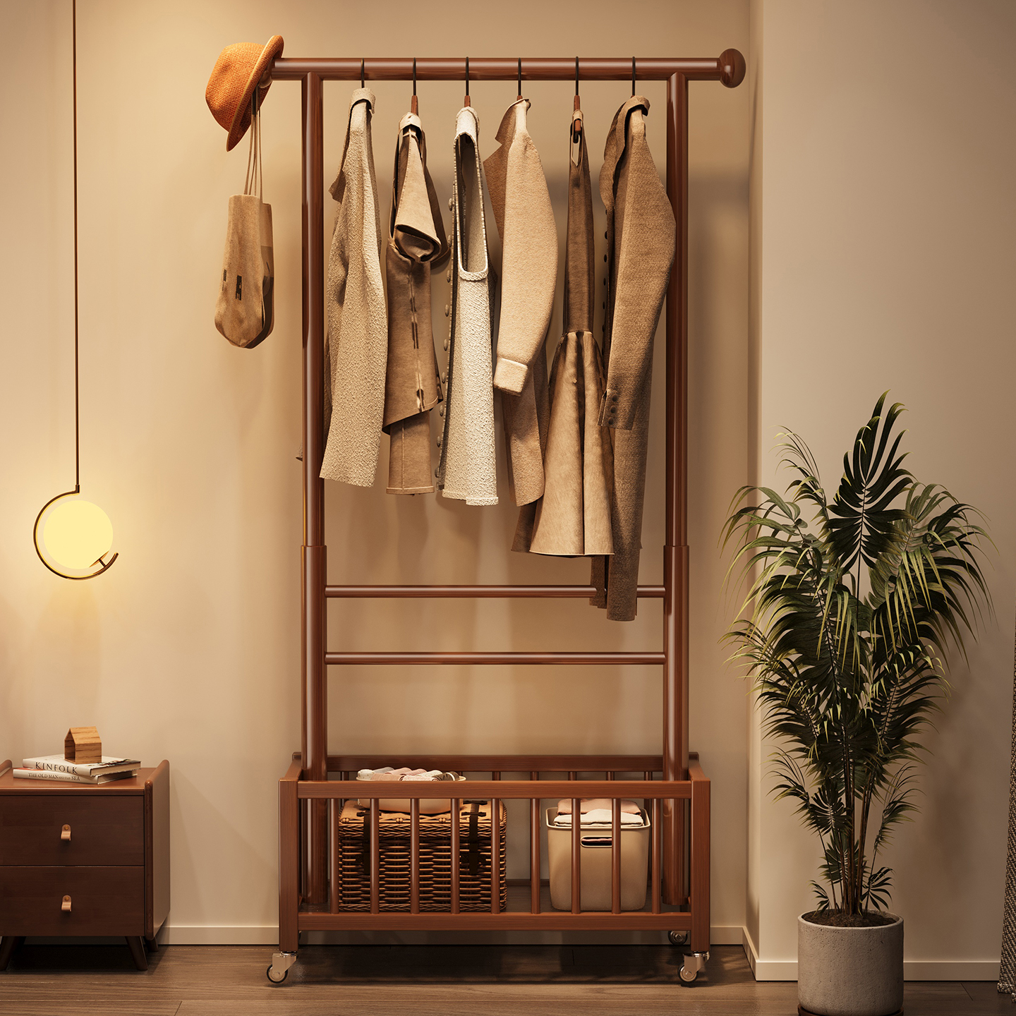 落地实木置衣架家用衣帽架卧室挂衣架客厅置物架可移动衣服收纳架