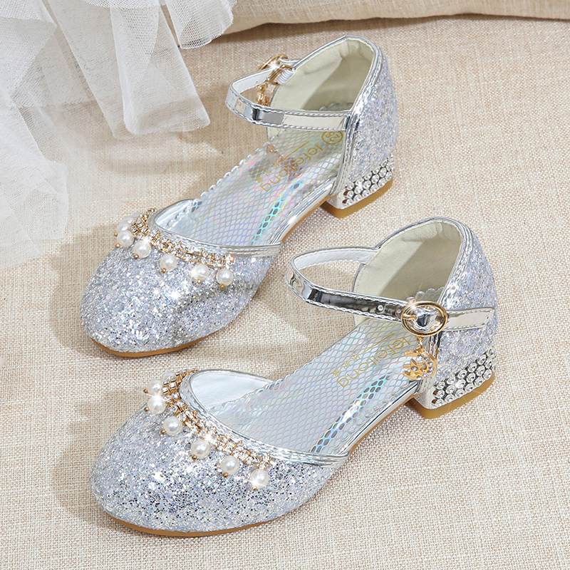 女童高跟皮鞋新款亮片银色公主鞋学生舞蹈演出童鞋中大儿童水晶鞋