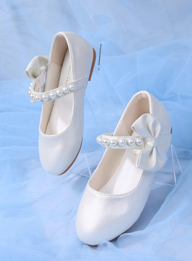 女童白色珍珠蝴蝶结玛丽珍鞋公主风表演礼服鞋3-12岁儿童小皮鞋