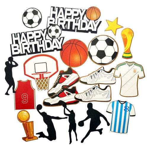篮球足球男孩生日快乐蛋糕插牌