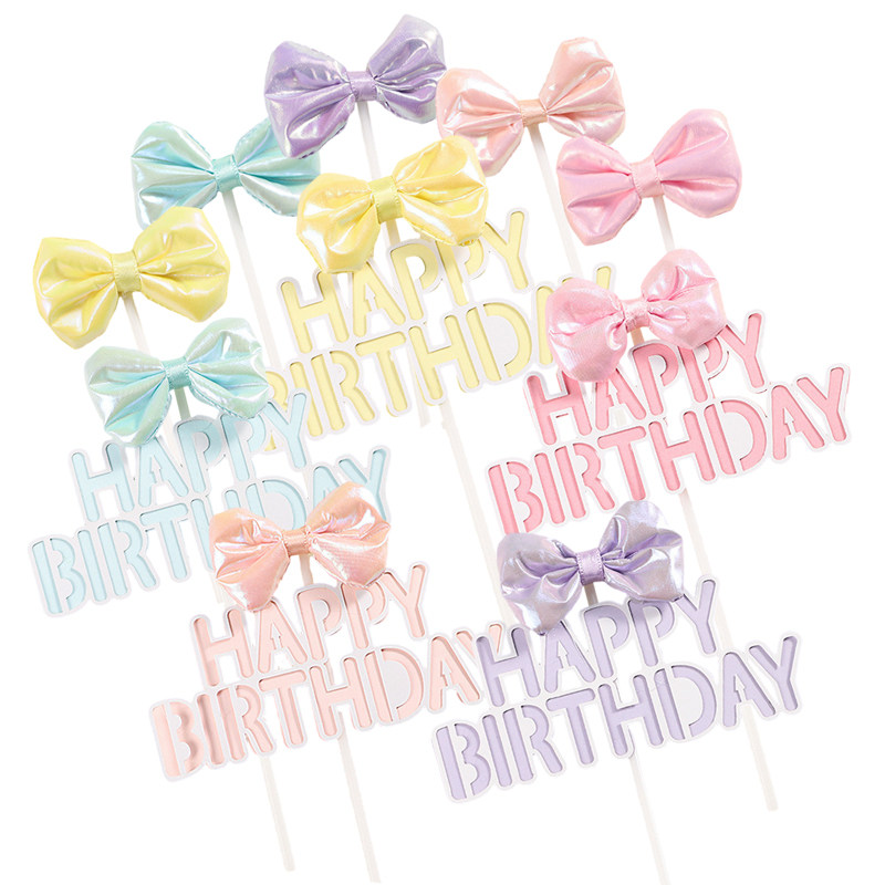 马卡龙色蝴蝶结生日快乐蛋糕插牌 小清新可爱派对甜品台装饰插件,节庆用品/礼品,节日装扮用品,淘宝优惠券,粉丝福利购,淘宝优惠卷