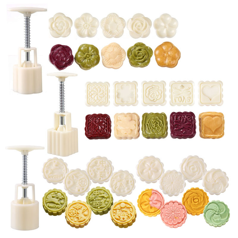 50g方形圆形花朵冰皮广式月饼模具手压式糕点模 中秋家用烘焙工具