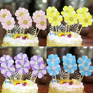 6个装 小花朵生日插牌 派对烘焙用品配件 粉色太阳花蛋糕装 饰插件