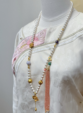 新中式中长款项链国风珍珠项链女璎珞背云配饰马面裙配饰珠链