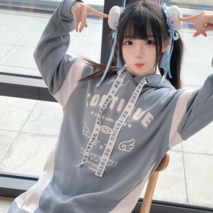 日单亚文化天使猫哥特暗黑原宿甜酷少女猫耳帽可爱水色卫衣