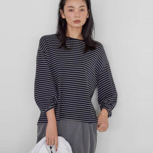 日单宽松小个子女款2024年秋冬显瘦百搭打底纯棉条纹七分袖T恤
