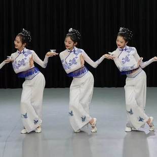 中国风青花瓷儿童演出服成都盖碗茶古典舞茶艺表演服旗袍