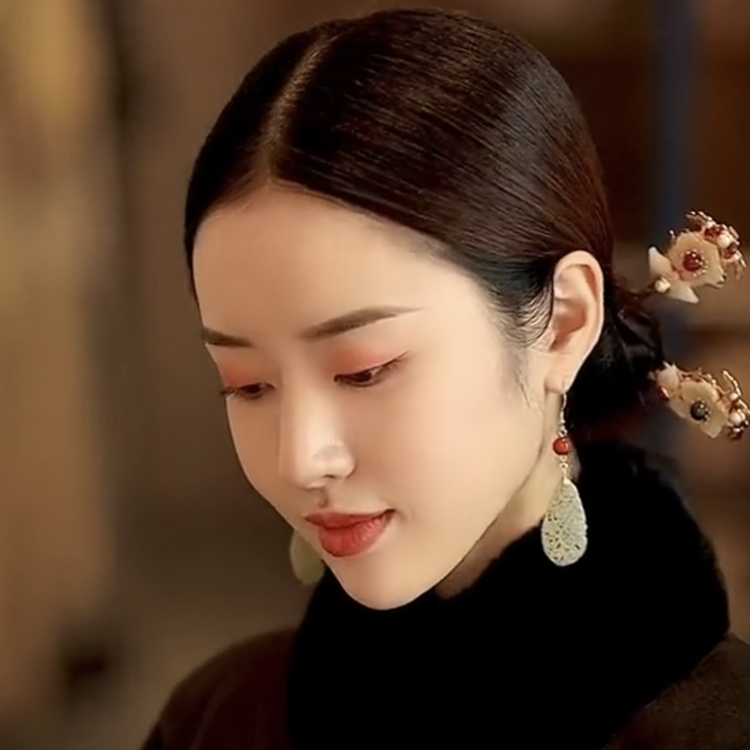 寻她民国复古风白玉髓女纯银耳环