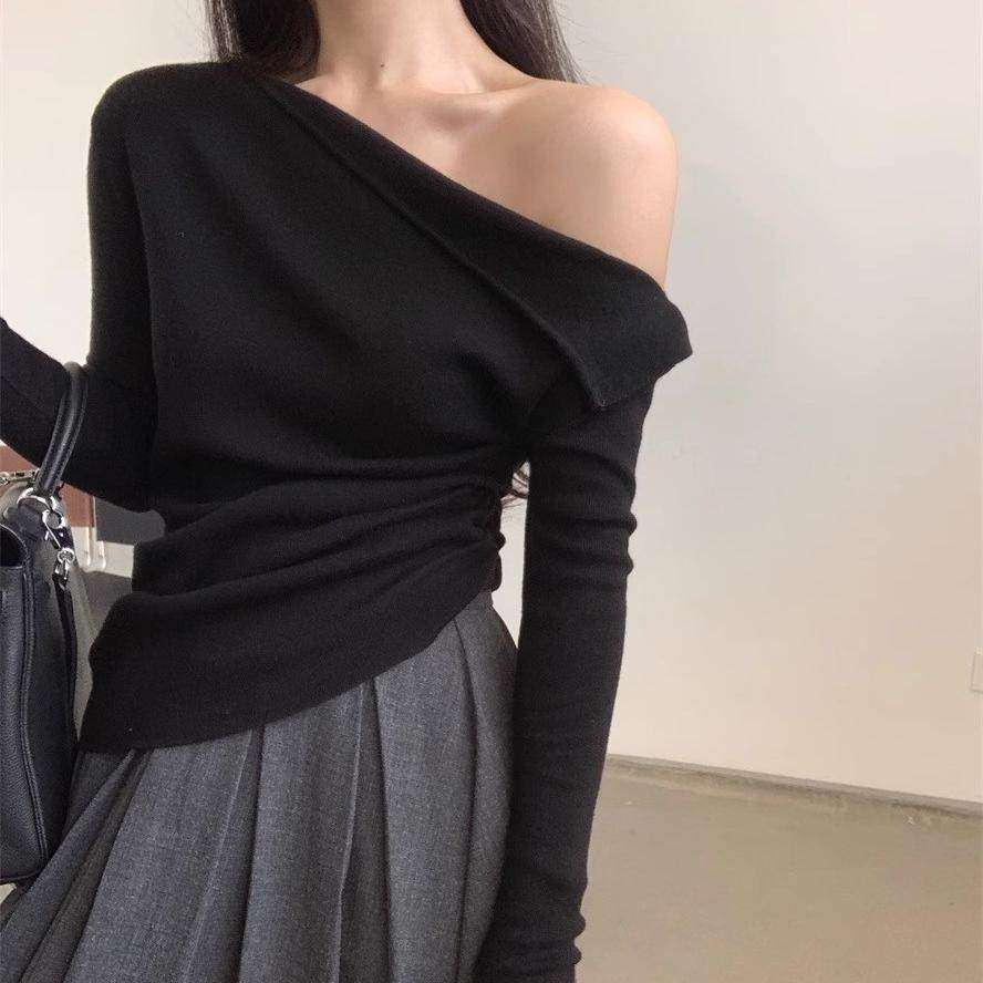 别致斜肩毛衣黑色打底衫女秋冬内搭显瘦气质一字肩针织衫露肩上衣,个性定制/设计服务/DIY,棉服工装,淘宝优惠券,粉丝福利购,淘宝优惠卷