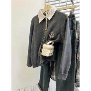 假两件针织衫女春秋小个子外搭衬衫领灰色毛衣开衫外套学院风上衣