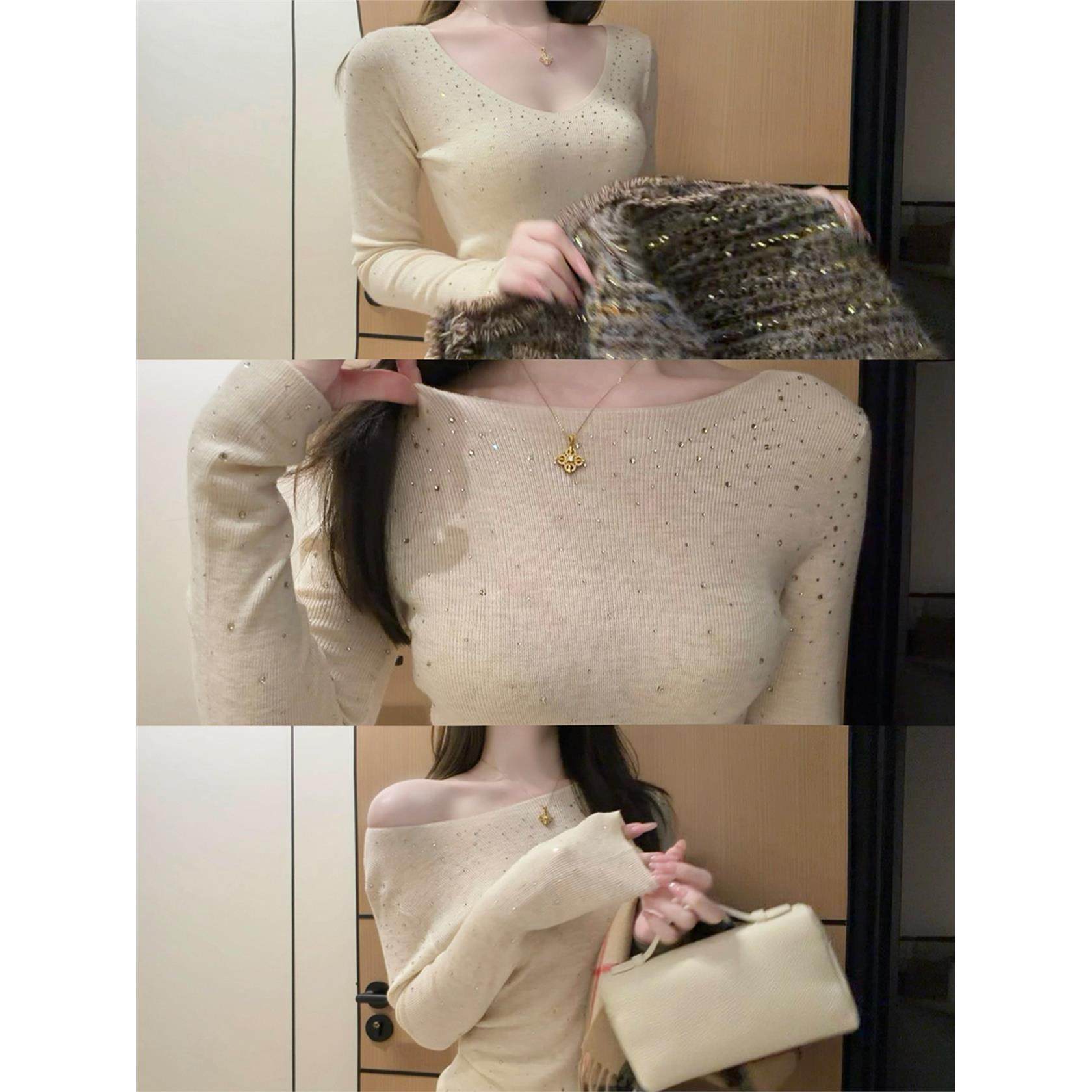 斜肩领烫钻内搭修身针织衫毛衣女2025新款早秋设计感打底穿搭上衣,个性定制/设计服务/DIY,棉服工装,淘宝优惠券,粉丝福利购,淘宝优惠卷