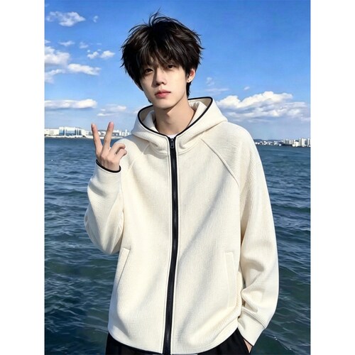 cleanfit华夫格连帽开衫卫衣男秋季青少年高级感痞帅运动夹克外套