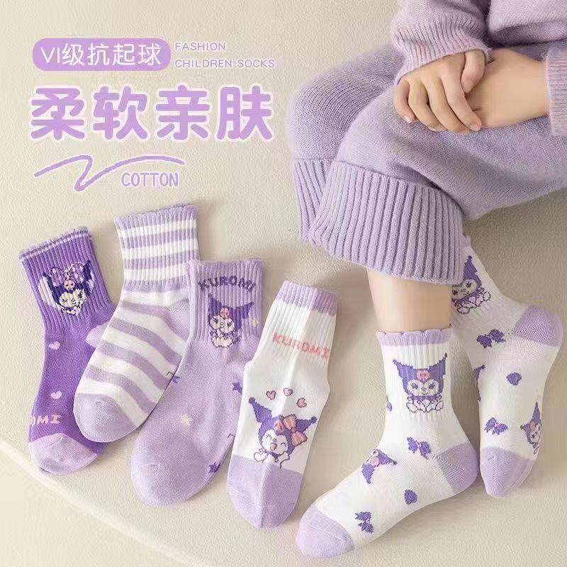 儿童袜子女童春秋季纯棉卡通中筒袜女孩库洛米女宝宝可爱中筒花边