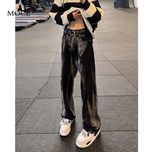 黑色扎染牛仔裤秋冬男款潮牌痞帅炸街微喇裤美式drill直筒弯刀裤