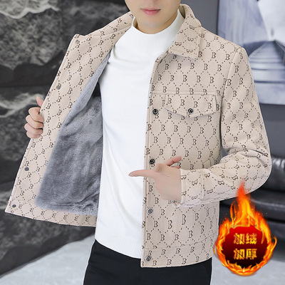 秋冬季毛呢夹克男士韩版修身格子高级感加绒加厚休闲短款风衣外套