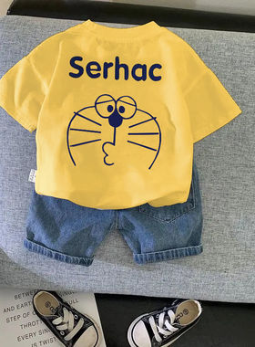 儿童短袖t恤男童女童夏装纯棉上衣夏季叮当猫印花圆领半袖衣服潮