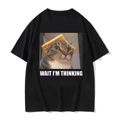 Wait I'm Thinking Cat Meme搞笑卡通猫咪圆领短袖T恤男女上衣