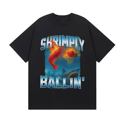 Shrimp Basketball T-shirt欧美趣味搞笑龙虾打篮球纯棉短袖T恤男