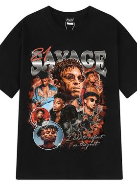 Savage创意欧美歌手字母图案印花圆领休闲大码短袖T恤男女上衣