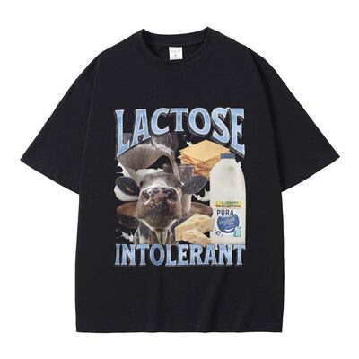 Lactose Intolerant乳糖不耐受趣味奶牛图案印花大码短袖T恤男女